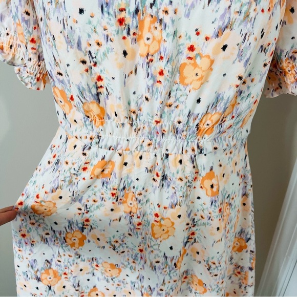 LOFT White with Orange & Blue Floral V-Neck Puff Sleeve Fit & Flare Dress - 6 - Picture 6 of 13